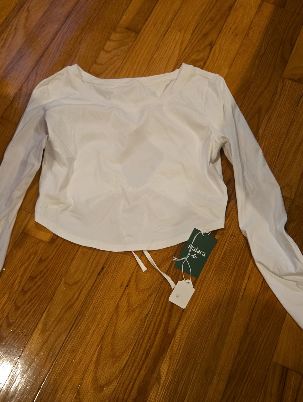 HALARA White Long-Sleeve Cropped Scoop Top with Drawstring Back